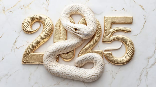 A white snake elegantly coils around golden numerals signifying the year 2025, set against a marble background.
