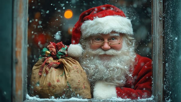 Santa Claus looking through a snowy window holding a gift bag. Christmas, winter holidays, magic, gifts, celebration concept.