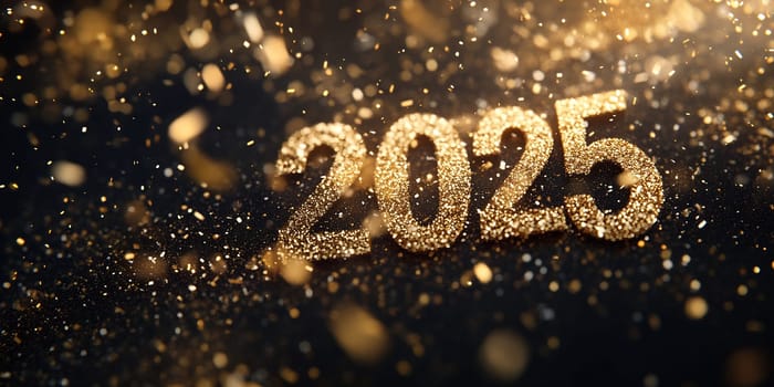 The vibrant year 2025, adorned with shimmering gold glitter, sparkles against a dark backdrop, capturing the excitement of the upcoming celebrations.