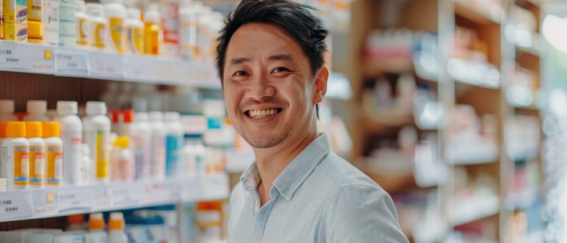 Casual young Asian man selecting medicine from a pharmacy shelf, his bright expression showcasing the ease of choice