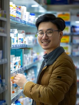 A man with a pleasant smile picks out a product in a pharmacy aisle, the shelves lined with varied health items