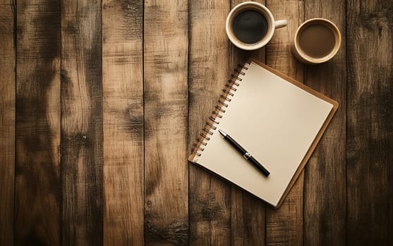 Cozy workspace setup on wooden table with coffee cups, blank notebook, and pen, perfect for brainstorming or creative writing.