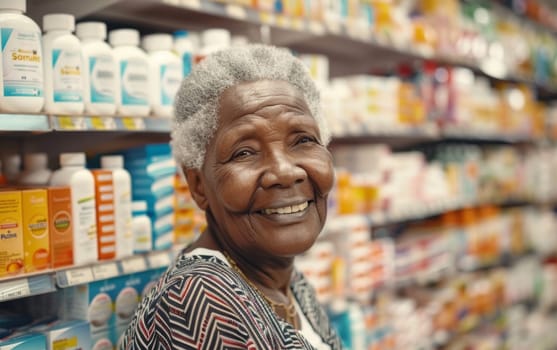 Elderly African American lady with a beaming smile selecting medication from a pharmacy shelf, reflecting a positive healthcare experience