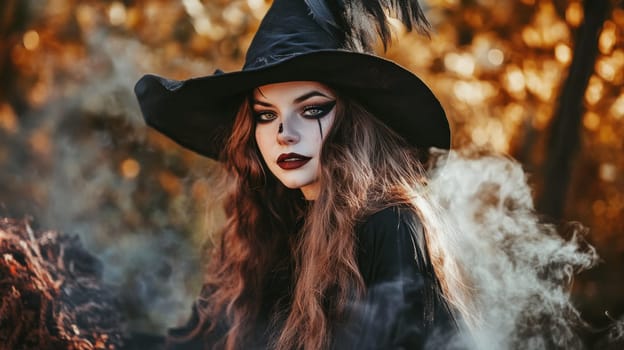A mysterious witch with dark makeup and a feathered hat stands in a forest surrounded by autumn foliage and wisps of fog.