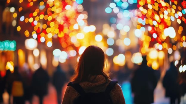 A woman stands among a bustling crowd mesmerized by colorful holiday lights glowing in the city streets during the evening.