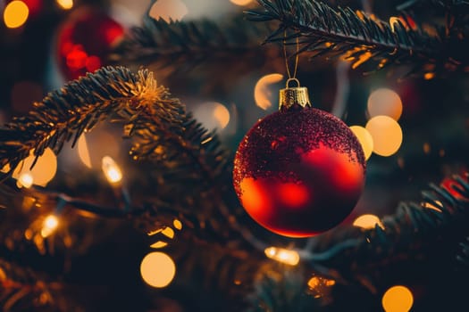 A vibrant red ornament hangs from a Christmas tree illuminated by warm fairy lights creating a festive and cozy atmosphere.