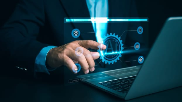 Concept of technology or using AI to help with work, Businessman showing modern technology on internet network AI technology in everyday life, Internet of Things, Artificial intelligence brain.