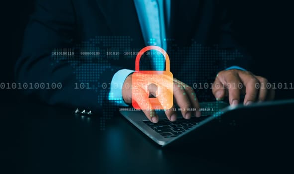 Human hand using computer to surf the internet There are security systems to protect against hackers, Internet, Network security, Cybersecurity and Global network security technology concept.