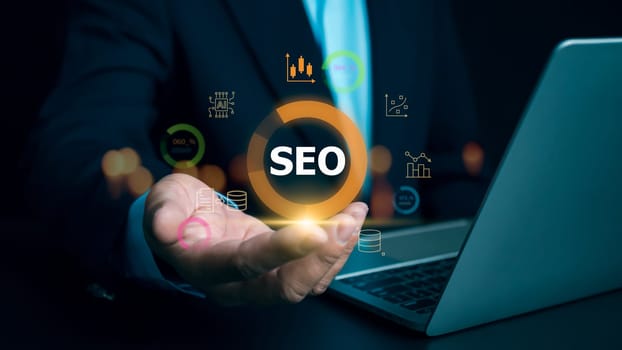 SEO, Marketing planning, Businessman search on virtual screen data search technology search engine optimization, Businessman use search engine to searching for information, Using web console for data.