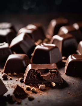 Assorted dark chocolate truffles surround a square of dark chocolate, all resting on a bed of cocoa powder, highlighting their luxurious texture and richness. Generative AI.