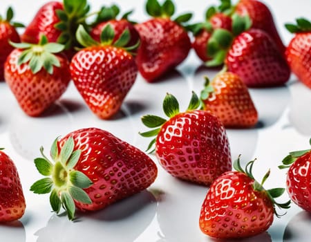 A cluster of fresh, bright red strawberries showcases their natural gloss and unique textures, emphasizing their ripeness and freshness. Generative AI.