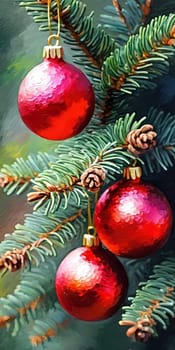 Colorful Christmas decorations adorn the branches of a spruce tree, vibrant balls in shades of red and pink, embodying holiday cheer in winter. Happy New Year art drawing background. Generative AI.