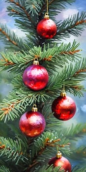 Colorful Christmas decorations adorn the branches of a spruce tree, vibrant balls in shades of red and pink, embodying holiday cheer in winter. Happy New Year art drawing background. Generative AI.