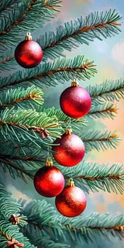 Colorful Christmas decorations adorn the branches of a spruce tree, vibrant balls in shades of red and pink, embodying holiday cheer in winter. Happy New Year art drawing background. Generative AI.