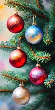 Colorful Christmas decorations adorn branches of a spruce tree, vibrant balls in shades of red, blue, golden and pink, embodying holiday cheer in winter. Happy New Year art background. Generative AI.