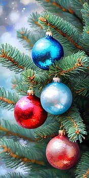 Colourful Christmas decorations adorn the branches of spruce tree, vibrant balls in shades of red blue and pink embodying holiday cheer in winter. Happy New Year art drawing background. Generative AI.