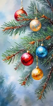 Colorful Christmas decorations adorn branches of a spruce tree, vibrant balls in shades of red, blue, golden and pink, embodying holiday cheer in winter. Happy New Year art background. Generative AI.