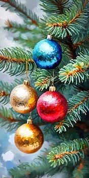 Colorful Christmas decorations adorn branches of a spruce tree, vibrant balls in shades of red, blue, golden and pink, embodying holiday cheer in winter. Happy New Year art background. Generative AI.
