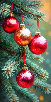 Colorful Christmas decorations adorn the branches of a spruce tree, vibrant balls in shades of red and pink, embodying holiday cheer in winter. Happy New Year art drawing background. Generative AI.