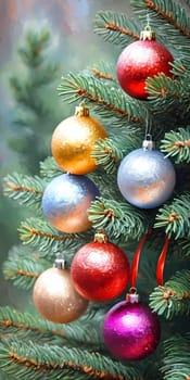Colorful Christmas decorations adorn branches of a spruce tree, vibrant balls in shades of red, blue, purple, silver, golden and pink, embodying holiday winter cheer. Happy New Year art background AI.