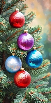 Colorful Christmas decorations adorn branches of a spruce tree, vibrant balls in shades of red, blue, purple, silver, golden and pink, embodying holiday winter cheer. Happy New Year art background AI.