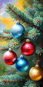 Colorful Christmas decorations adorn branches of a spruce tree, vibrant balls in shades of red, blue, golden and pink, embodying holiday cheer in winter. Happy New Year art background. Generative AI.