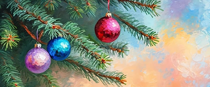 Colourful Christmas decorations adorn the branches of spruce tree, vibrant balls in shades of red blue and pink embodying holiday cheer in winter. Happy New Year art drawing background. Generative AI.