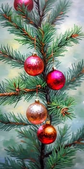 Sparkling ornament balls in vibrant red and gold hang from a lush spruce tree branch. Soft, warm lights twinkle enhancing festive spirit of Christmas. Happy New Year. Art drawing. Generative AI.
