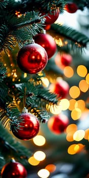 Sparkling ornament balls in vibrant red hang from a lush spruce tree branch. Soft, warm lights twinkle enhancing festive spirit of Christmas. Happy New Year. Anamorphic  bokeh. Generative AI.