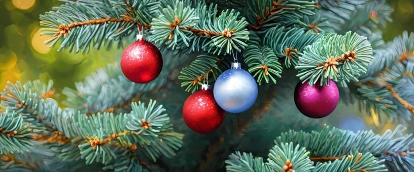 Sparkling ornament balls in vibrant red, pink, silver and blue hang from a lush spruce tree branch. Soft, warm lights twinkle enhancing festive spirit of Christmas. Happy New Year. Art drawing. AI.
