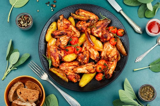 Roasted chicken wings and baked potatoes. BBQ.