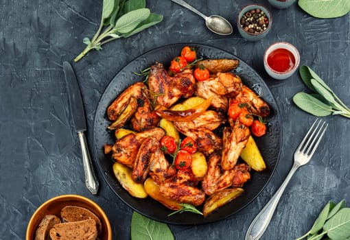 Roasted chicken wings and baked potatoes. BBQ.