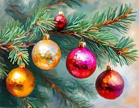 Sparkling ornament balls in vibrant red and gold hang from a lush spruce tree branch. Soft, warm lights twinkle enhancing festive spirit of Christmas. Happy New Year. Art drawing. Generative AI.