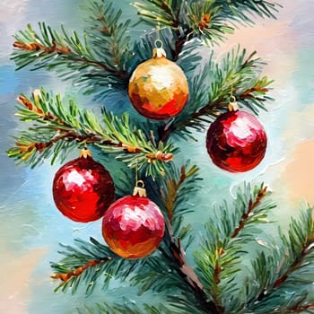 Sparkling ornament balls in vibrant red and gold hang from a lush spruce tree branch. Soft, warm lights twinkle enhancing festive spirit of Christmas. Happy New Year. Art drawing. Generative AI.