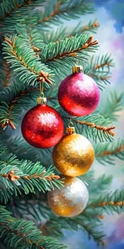Sparkling ornament balls in vibrant red and gold hang from a lush spruce tree branch. Soft, warm lights twinkle enhancing festive spirit of Christmas. Happy New Year. Art drawing. Generative AI.