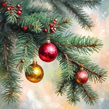 Sparkling ornament balls in vibrant red and gold hang from a lush spruce tree branch. Soft, warm lights twinkle enhancing festive spirit of Christmas. Happy New Year. Art drawing. Generative AI.