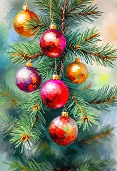 Sparkling ornament balls in vibrant red and gold hang from a lush spruce tree branch. Soft, warm lights twinkle enhancing festive spirit of Christmas. Happy New Year. Art drawing. Generative AI.