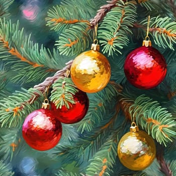 Sparkling ornament balls in vibrant red and gold hang from a lush spruce tree branch. Soft, warm lights twinkle enhancing festive spirit of Christmas. Happy New Year. Art drawing. Generative AI.