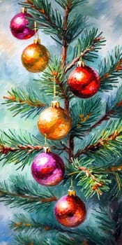 Sparkling ornament balls in vibrant red and gold hang from a lush spruce tree branch. Soft, warm lights twinkle enhancing festive spirit of Christmas. Happy New Year. Art drawing. Generative AI.