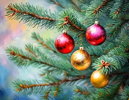 Sparkling ornament balls in vibrant red and gold hang from a lush spruce tree branch. Soft, warm lights twinkle enhancing festive spirit of Christmas. Happy New Year. Art drawing. Generative AI.