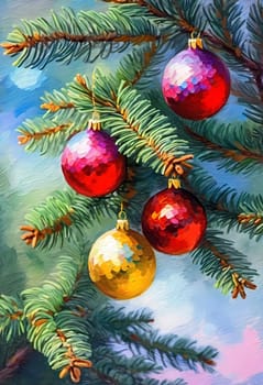 Sparkling ornament balls in vibrant red and gold hang from a lush spruce tree branch. Soft, warm lights twinkle enhancing festive spirit of Christmas. Happy New Year. Art drawing. Generative AI.