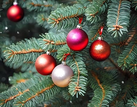 Sparkling ornament balls in vibrant red, silver and golden hang from a lush spruce tree branch. Soft, warm lights twinkle enhancing festive spirit of Christmas. Happy New Year. Art drawing. AI.