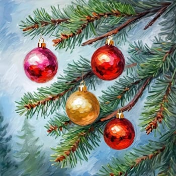 Sparkling ornament balls in vibrant red and gold hang from a lush spruce tree branch. Soft, warm lights twinkle enhancing festive spirit of Christmas. Happy New Year. Art drawing. Generative AI.