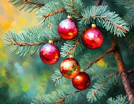 Sparkling ornament balls in vibrant red and gold hang from a lush spruce tree branch. Soft, warm lights twinkle enhancing festive spirit of Christmas. Happy New Year. Art drawing. Generative AI.