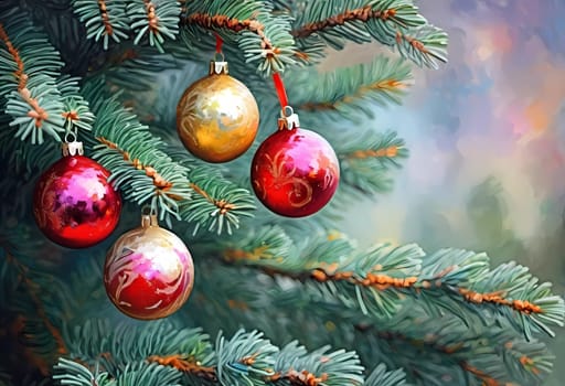 Sparkling ornament balls in vibrant red and gold hang from a lush spruce tree branch. Soft, warm lights twinkle enhancing festive spirit of Christmas. Happy New Year. Art drawing. Generative AI.