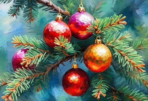 Sparkling ornament balls in vibrant red and gold hang from a lush spruce tree branch. Soft, warm lights twinkle enhancing festive spirit of Christmas. Happy New Year. Art drawing. Generative AI.