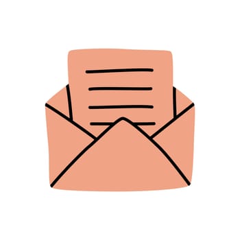 Doodle Open envelope with letter icon or logo, hand drawn with thin black line. Isolated on white background. Vector illustration