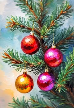 Sparkling ornament balls in vibrant red and gold hang from a lush spruce tree branch. Soft, warm lights twinkle enhancing festive spirit of Christmas. Happy New Year. Art drawing. Generative AI.