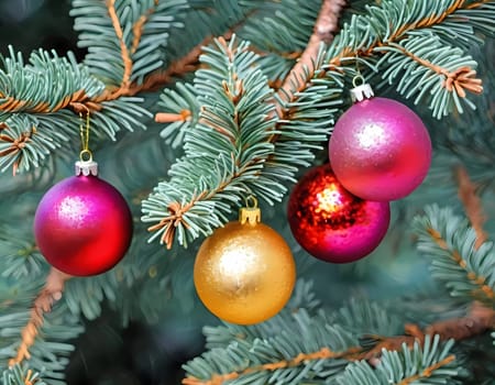 Sparkling ornament balls in vibrant red and gold hang from a lush spruce tree branch. Soft, warm lights twinkle enhancing festive spirit of Christmas. Happy New Year. Art drawing. Generative AI.