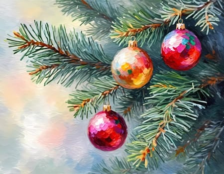 Sparkling ornament balls in vibrant red and gold hang from a lush spruce tree branch. Soft, warm lights twinkle enhancing festive spirit of Christmas. Happy New Year. Art drawing. Generative AI.